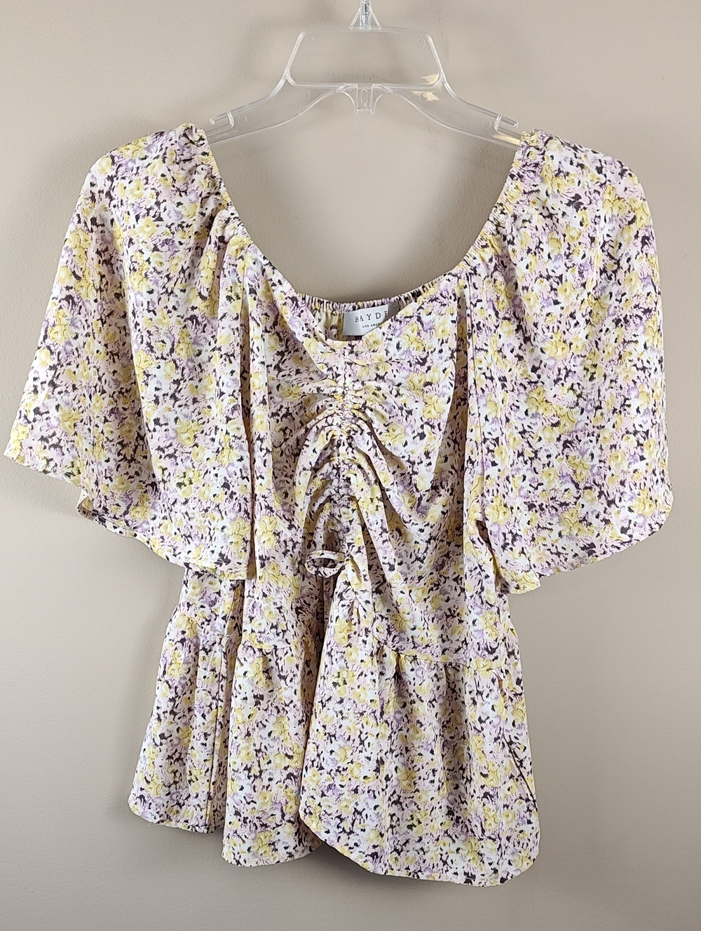 Hayden Yellow & Lavender Floral Ruched Peplum Top